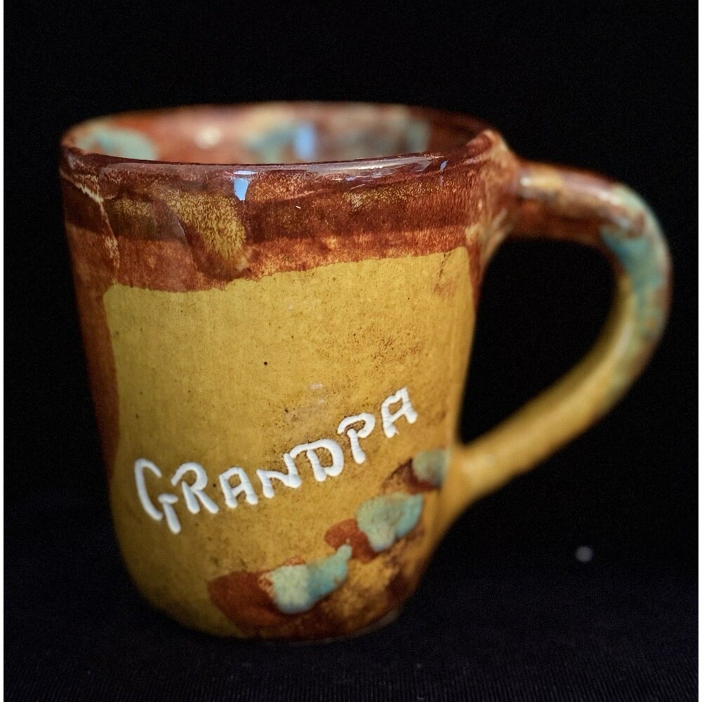Studio Art Pottery Clay Mug Grandpa Drip Glaze Signed Coffee Tea Brown Teal Cup